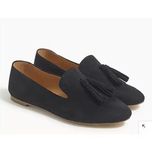 J. Crew Black Suede Leather Tassel Smoking Loafer Pointed Toe Academia Preppy